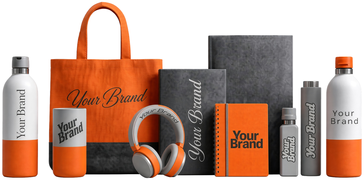 Branded bottles, tote, notebooks and headphones